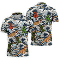 T Rex Surfing Great Wave Golf Polo Shirt, Men's Golf Shirt, Printed Golf Shirts