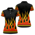 Black Orange Yellow Flame Sleeve Golf Shirt, Golf Polo For Women, Printed Golf Shirt
