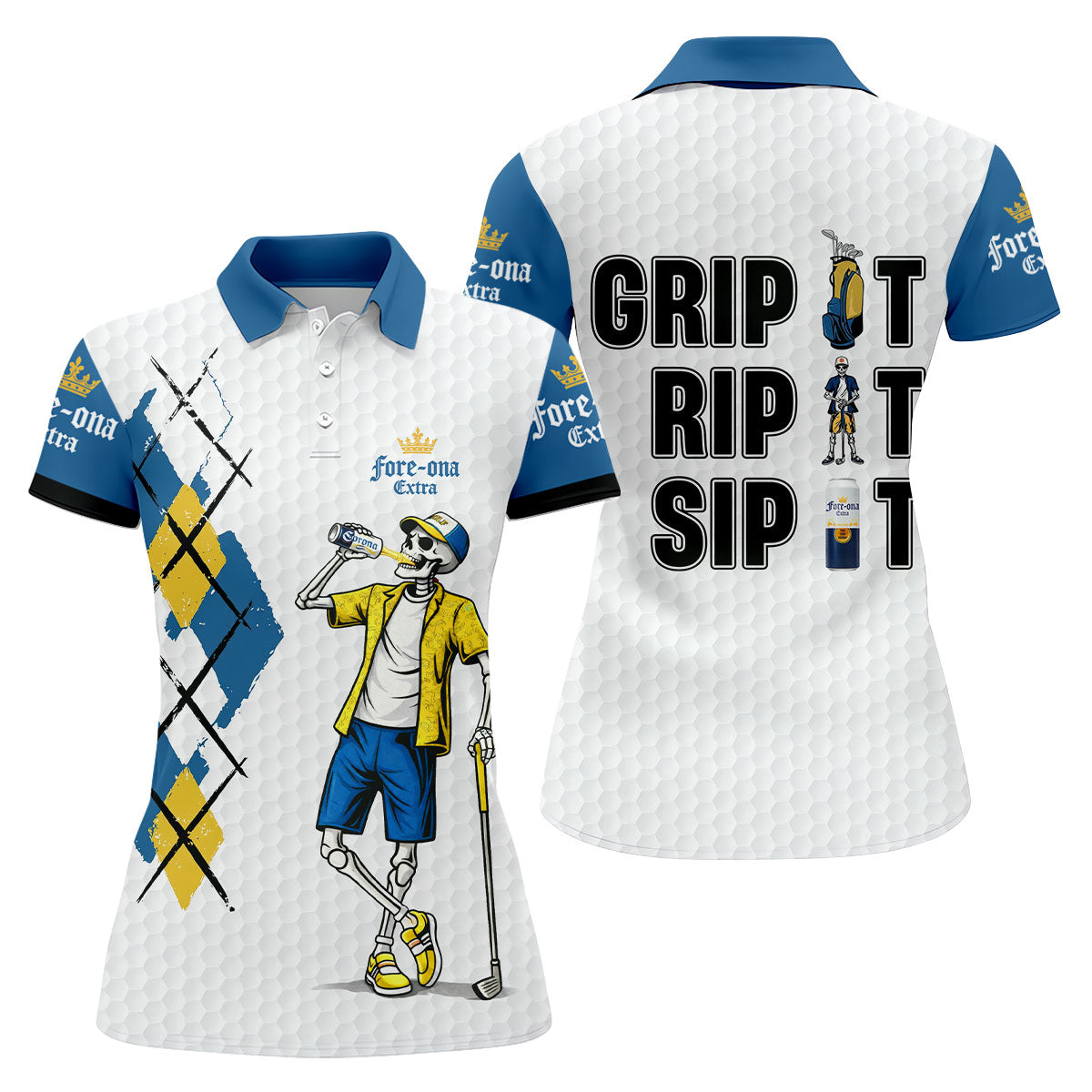Fore-Ona Extra Blue Yellow Skeleton Golfer Beer Polo Shirt, Women’s Golf Apparel, Golf Shirts For Women