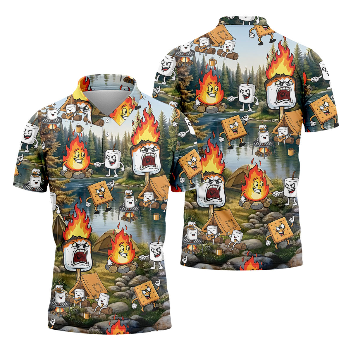 Cartoon Marshmallow, Graham Cracker and Campfire Characters Lake Camping Hawaiian Golf Polo, Golf Tops For Men, Golfing Apparel