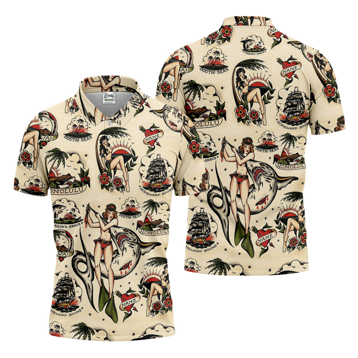 Vintage Hawaiian Pin Up Shark Tattoo Golf Shirt, Hawaiian Golf Shirt, Mens Golf Apparel