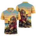 Tropical Lion Sunset Teal Hawaiian Golf Polo, Golf Tops For Men, Golfing Apparel