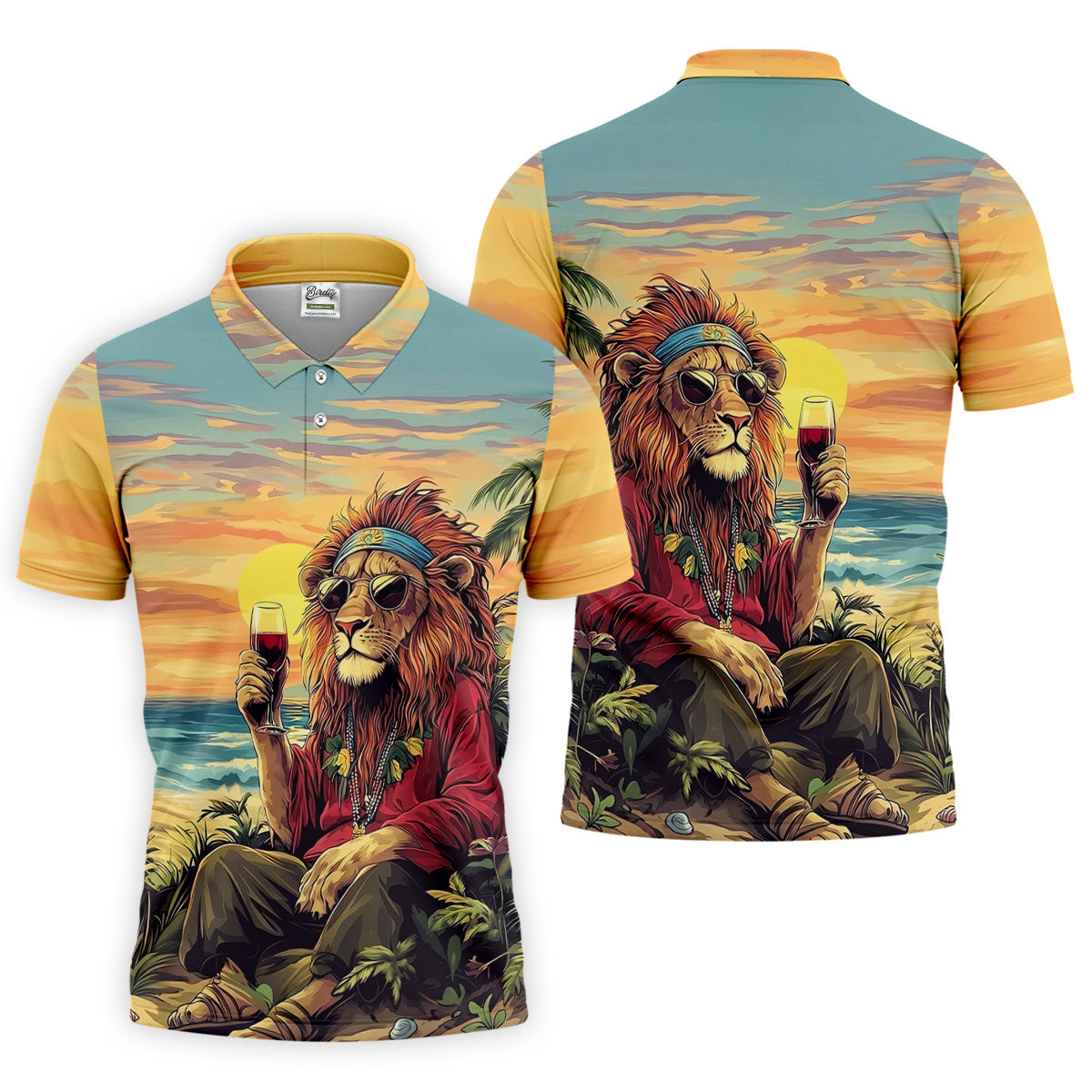 Tropical Lion Sunset Teal Hawaiian Golf Polo, Golf Tops For Men, Golfing Apparel