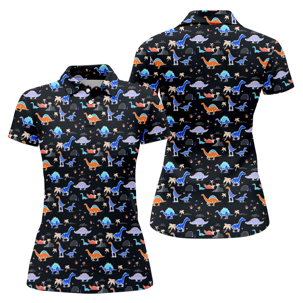 Colorful Dinosaur Hawaiian Golf Shirt, Cute Golf Outfit, Women's Golf Tops, Ladies Golf Shirts
