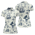 Ivory Vintage Pirate Map Pattern Golf Shirt, Women's Golf Shirt, Hawaiian Golf Shirt, Golf Polo For Women