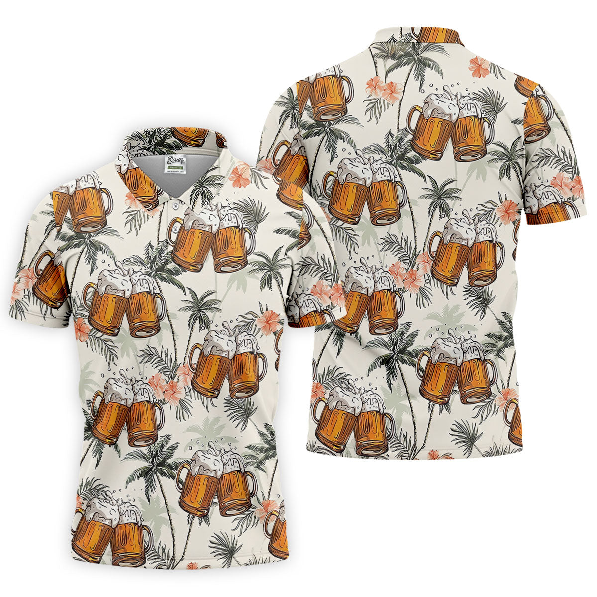 Tropical Palm Trees and Frosty Beer Mug Hawaiian Golf Polo, Golf Tops For Men, Golfing Apparel