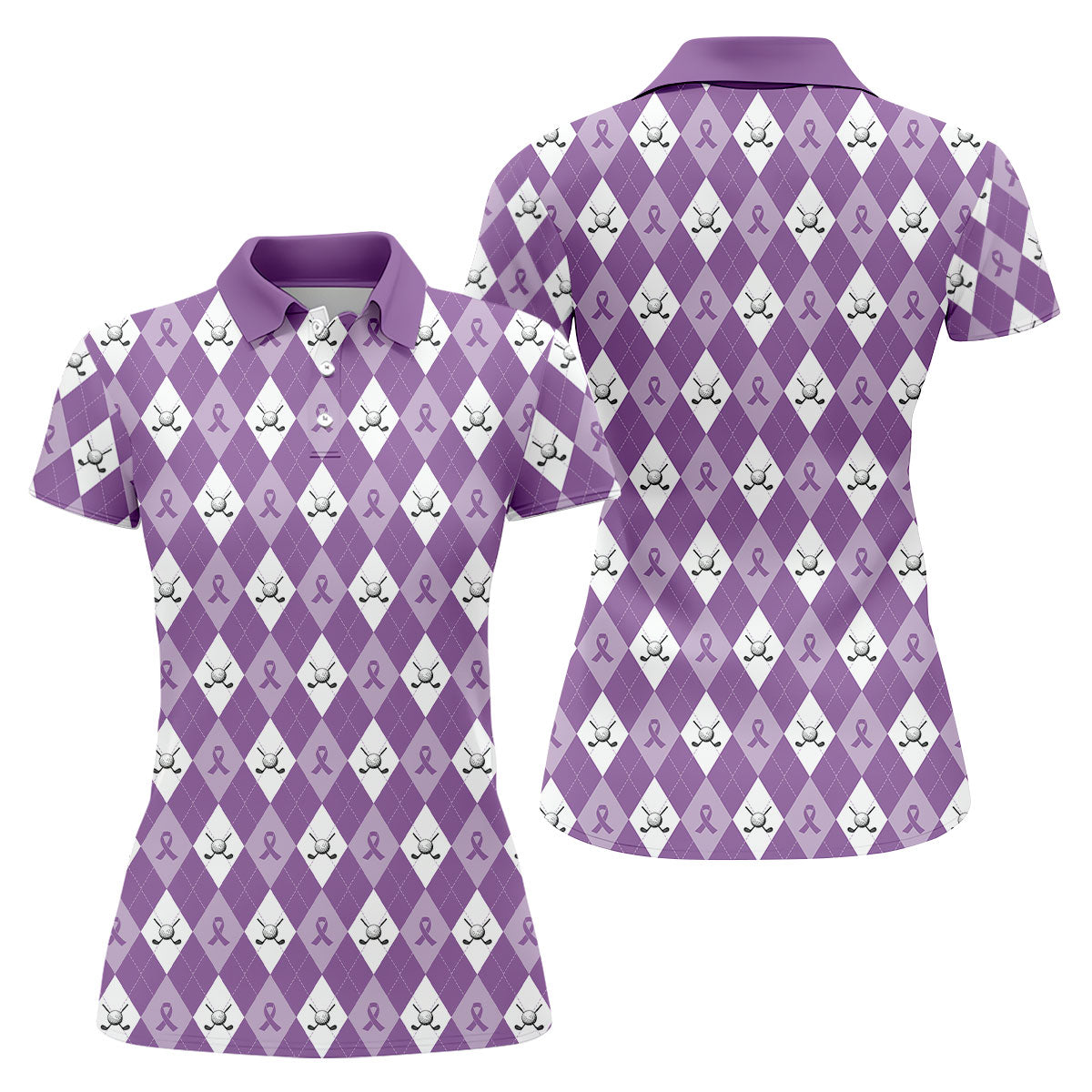 Pancreatic Cancer Purple And White Argyle Pattern Ladies Golf Shirts, Cancer Awareness Shirt