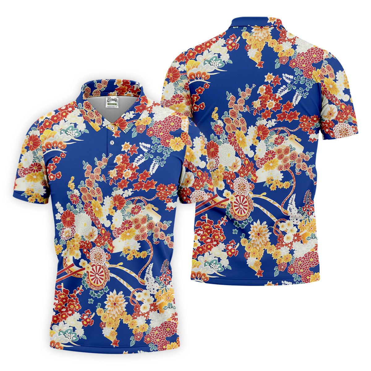Royal Blue Japanese Floral Pattern Golf Shirt, Mens Golf Apparel, Printed Golf Shirts