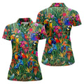 Tropical Colorful Parrots Rainforest Bird Print Golf Polo, Hawaiian Golf Shirt, Women's Golf Apparel