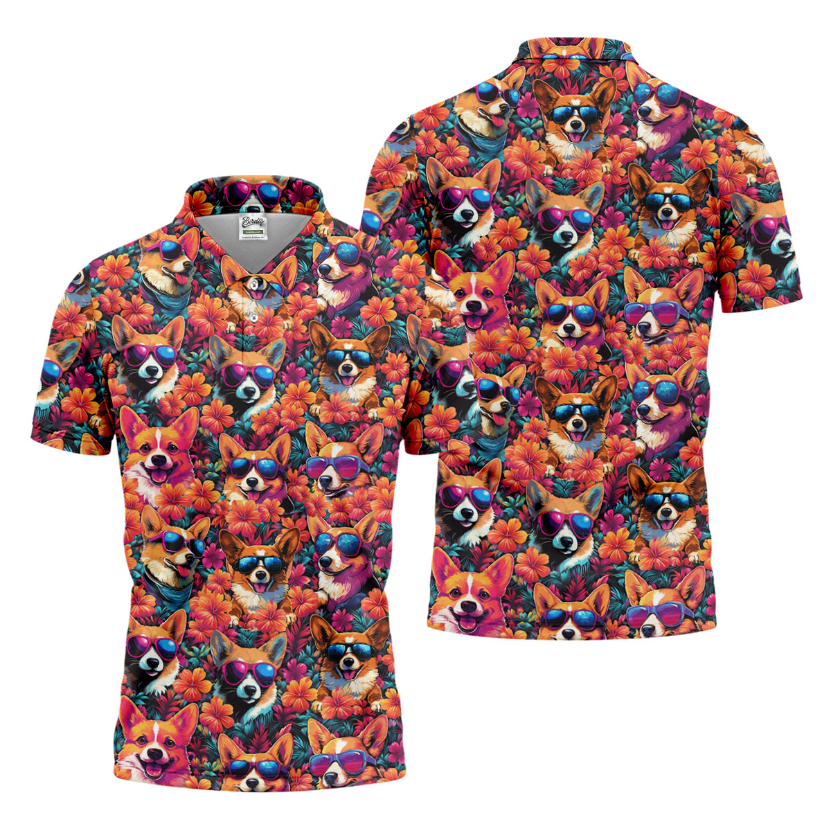 Tropical Corgi Floral Pattern Hawaiian Golf Polo, Golf Tops For Men, Golfing Apparel