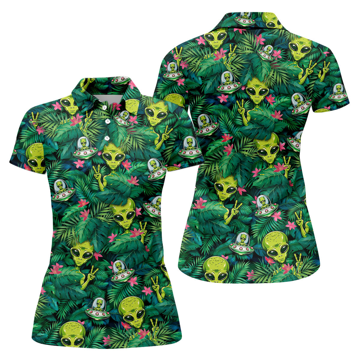 UFO and Alien Tropical Forest Hawaiian Golf Polo, Golf Tops For Women, Golfing Apparel