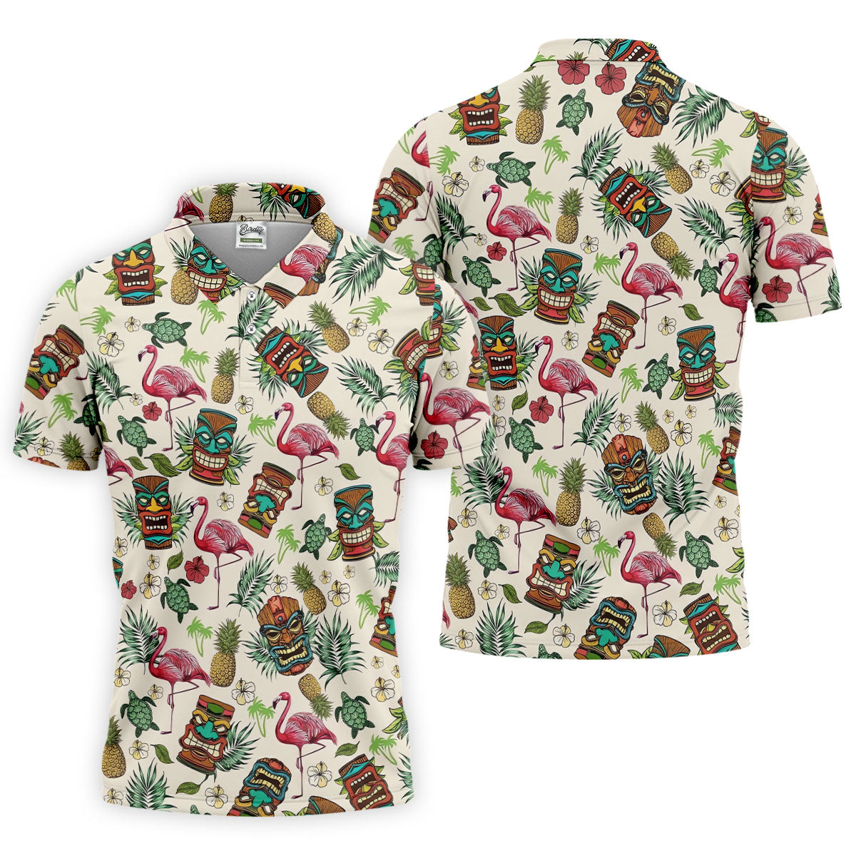 Tiki Masks, Flamingo and Island Paradise Pattern Design Hawaiian Golf Polo, Golf Tops For Men, Golfing Apparel
