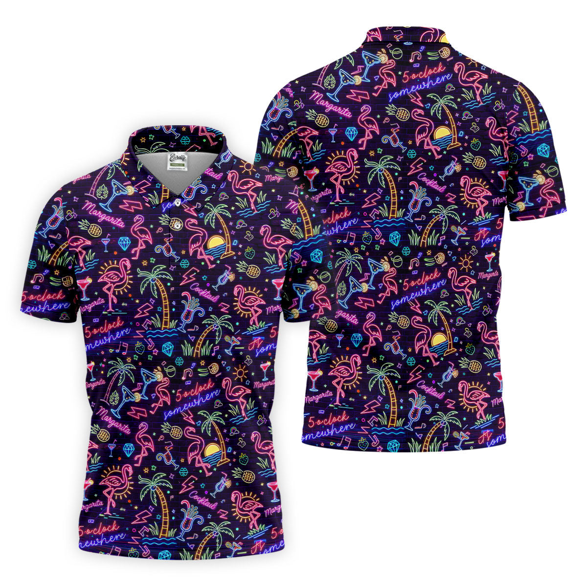 Tropical Theme Neon Pattern Black Golf Shirt, Men's Funny Golf Shirts, Polo Shirts For Men