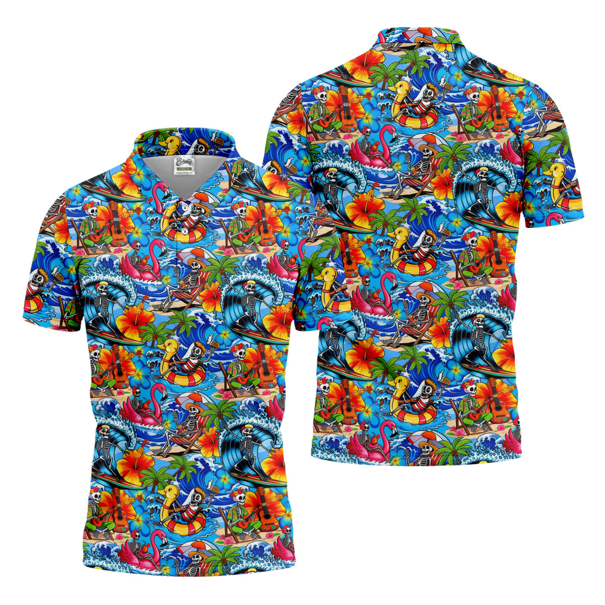 Blue Tropical Skeleton Surfer Pattern Golf Polo Shirt, Men's Golf Shirt, Golf Polo Shirts For Men