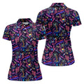 Tropical Theme Neon Pattern Black Golf Shirt, Women's Golf Tops, Golf Shirt For Women, Ladies Golf Shirts