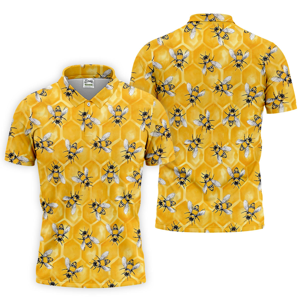 Realistic Flying Bees on Golden Honeycomb Hawaiian Golf Polo, Golf Tops For Men, Golfing Apparel