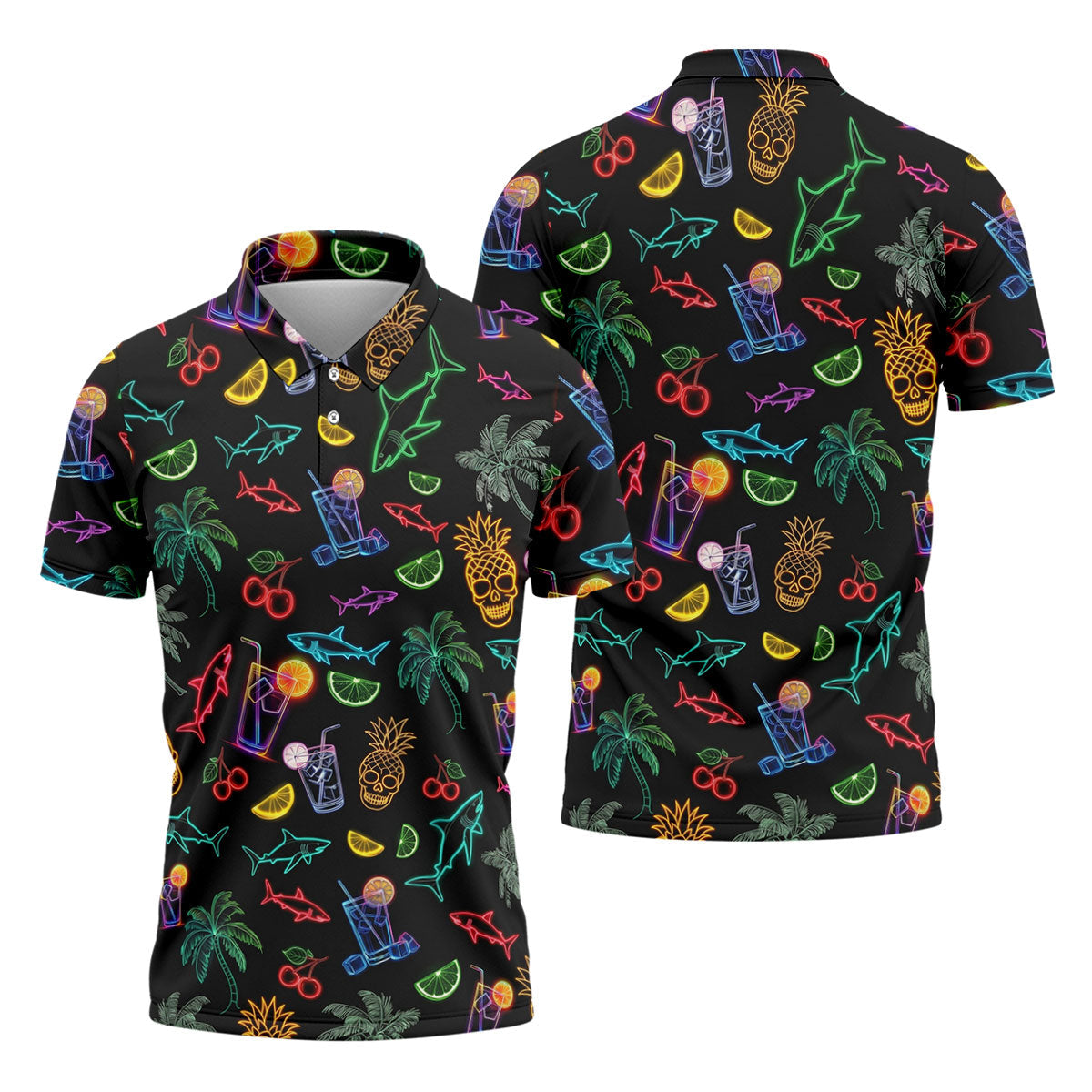 Neon Shark And Cocktail Pattern Hawaiian Golf Shirt, Men's Golf Shirt, Polo Shirts For Men