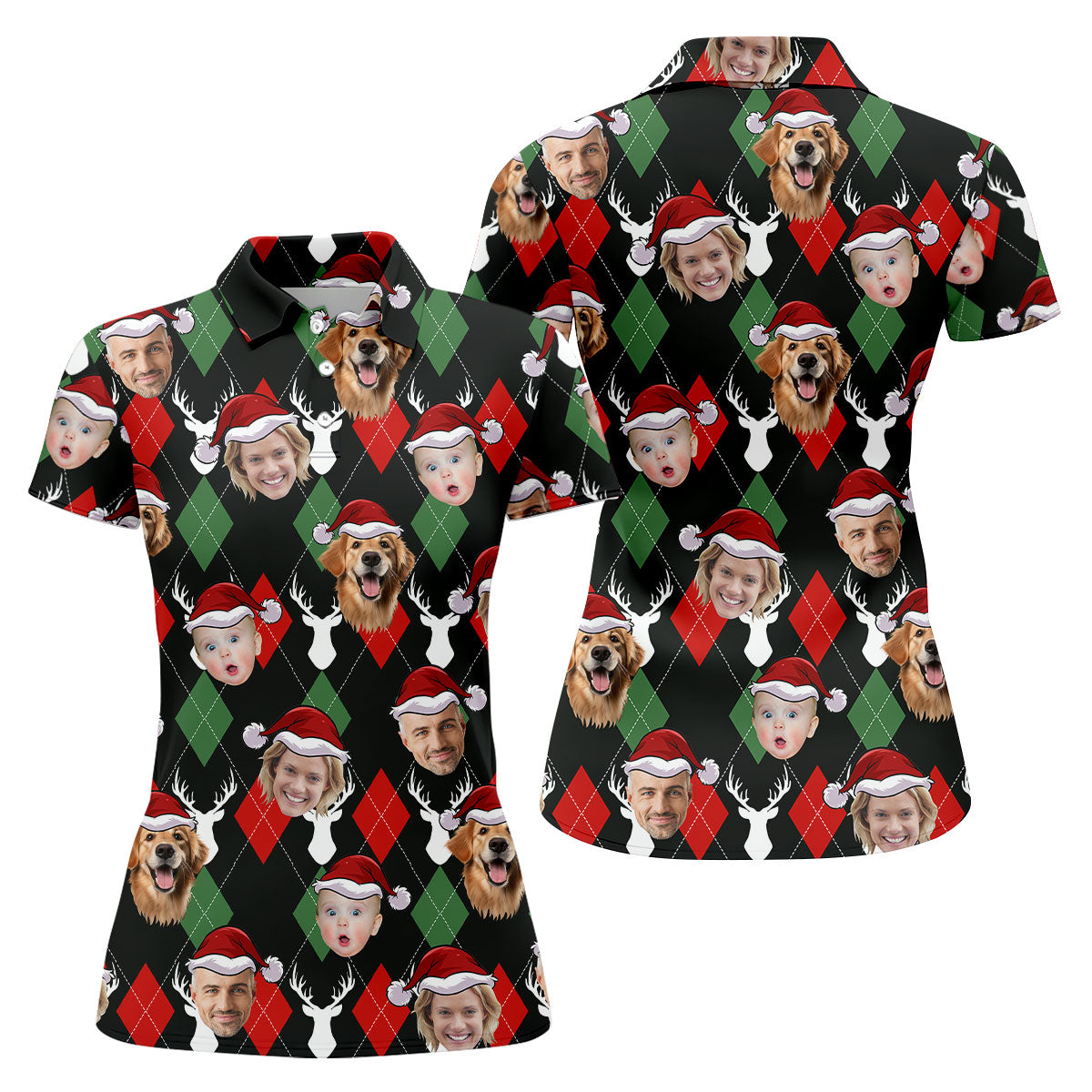 Custom Face Red And Green Argyle Pattern Christmas Women's Golf Tops, Ladies Golf Shirts, Christmas Golf Gift