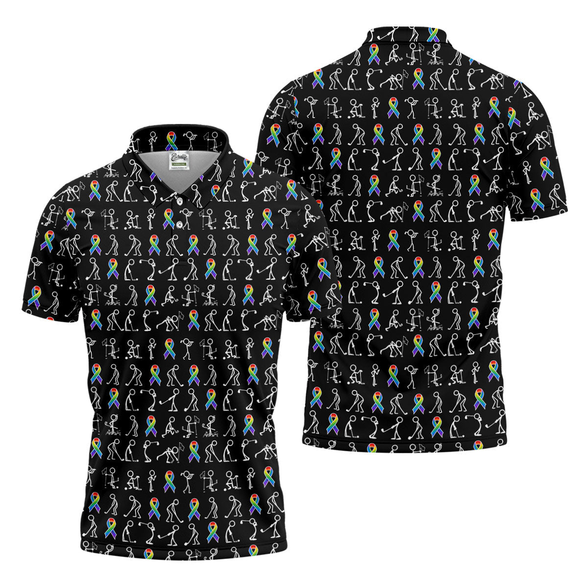 Rainbow Cancer Ribbon Stick Figure Golf Pattern Shirt, Printed Golf Shirts, Polo Shirts For Men