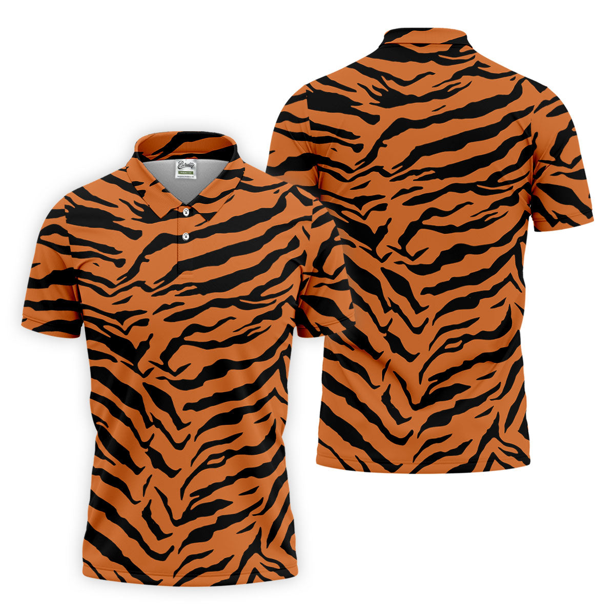Bold Orange Black Tiger Stripe Animal Print Golf Shirt, Mens Golf Shirts, Golf Apparel For Men