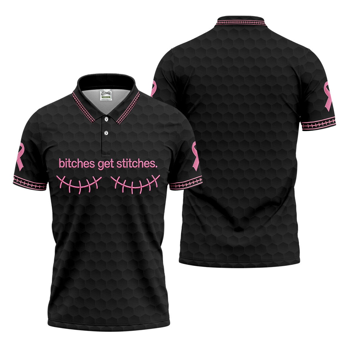 Bitches Get Stitches Breast Cancer Polo Shirt, Golf Shirts For Men, Mens Golf Apparel