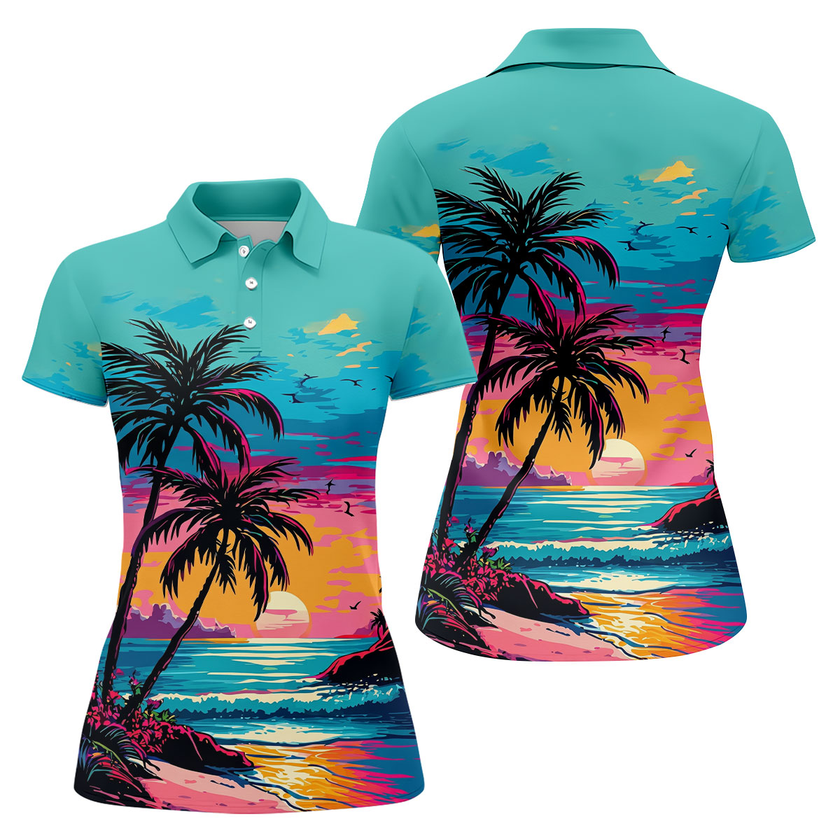 Tropical Sunset Palm Tree Hawaiian Golf Shirt, Ladies Golf Shirt, Womens Golf Tops