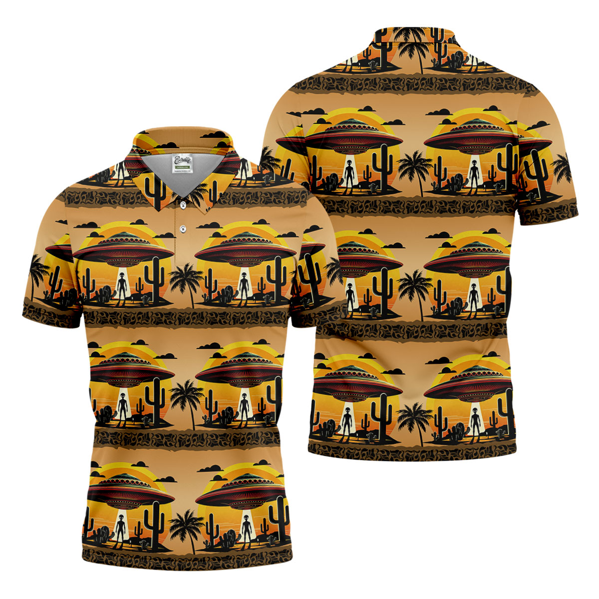 UFOs, Aliens and Cactus Desert Scene Hawaiian Golf Polo, Golf Tops For Men, Golfing Apparel
