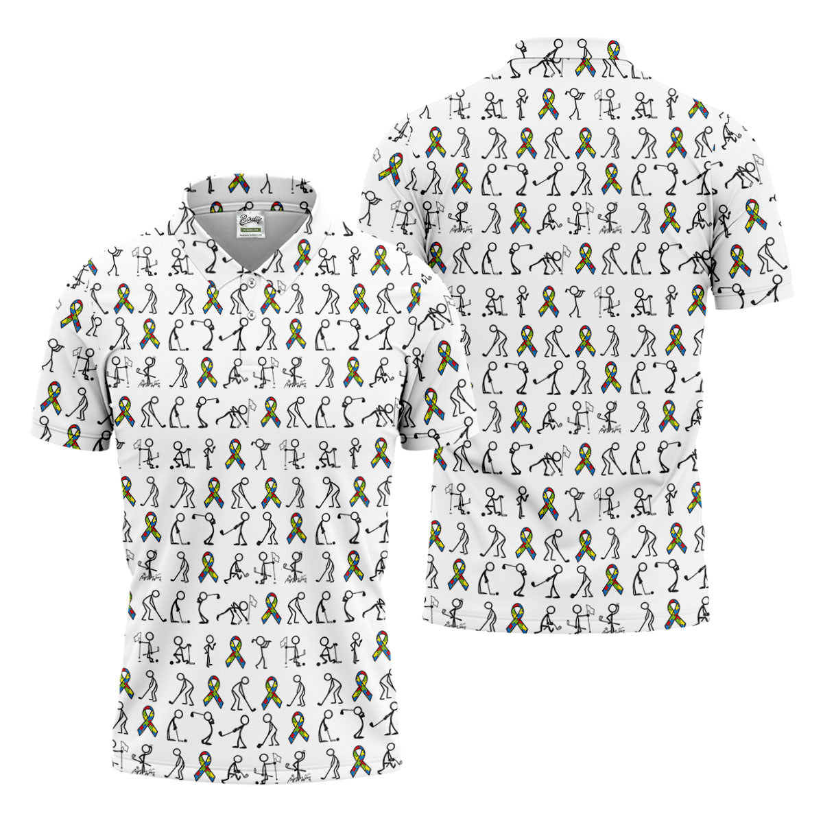 Stick Figure Golf Pose Autism Ribbon White Golf Shirt, Autism Awareness Colors Golf Shirts For Men