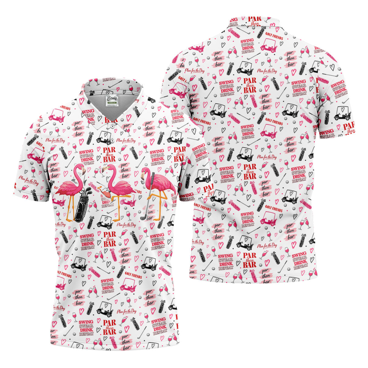 Par Then Bar Flamingo Golf Shirt, Tropical Party Polo Shirts For Men, Golf Shirts For Men