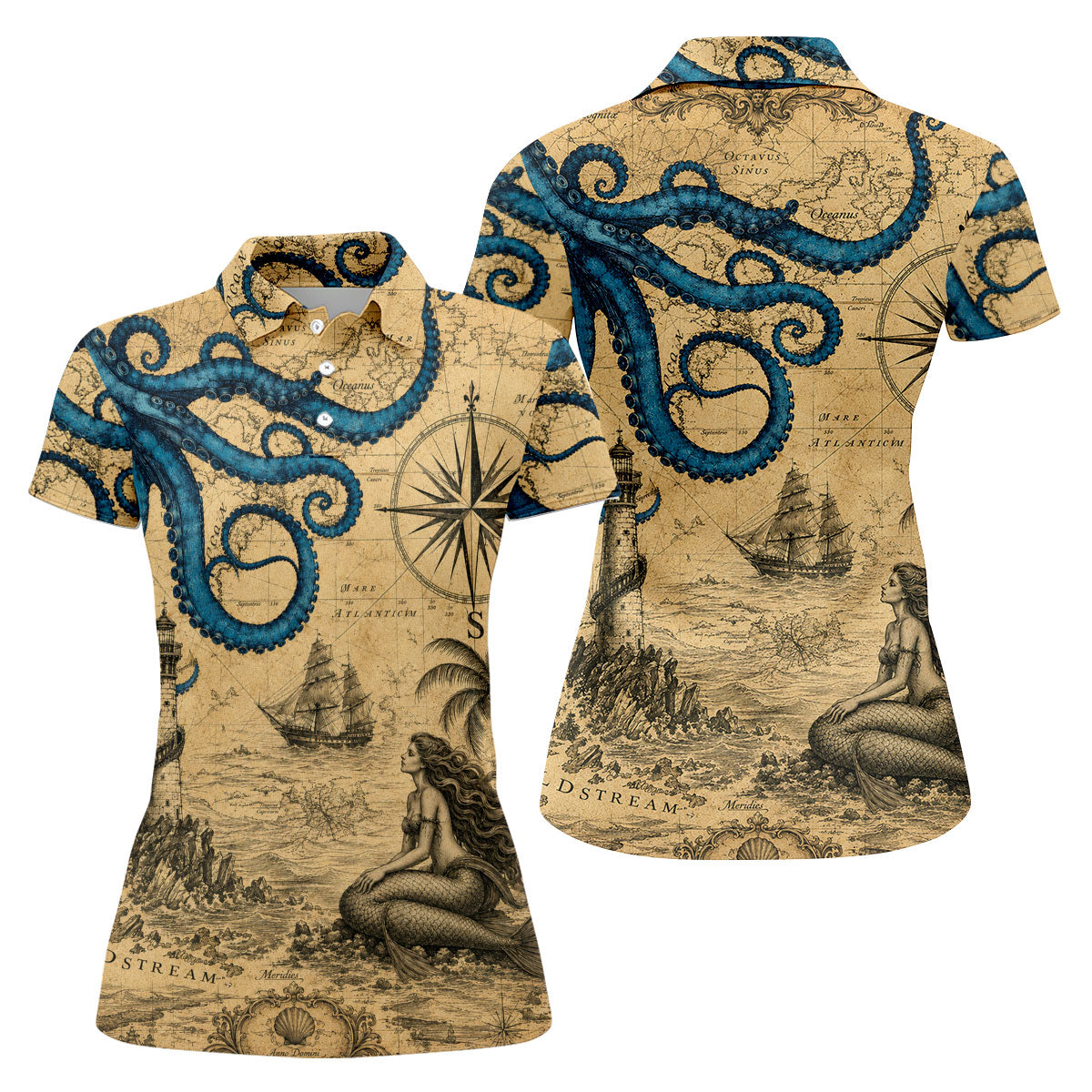 Mermaid Princess Vintage Nautical Hawaiian Golf Shirt, Women's Golf Tops, Ladies Golf Shirts