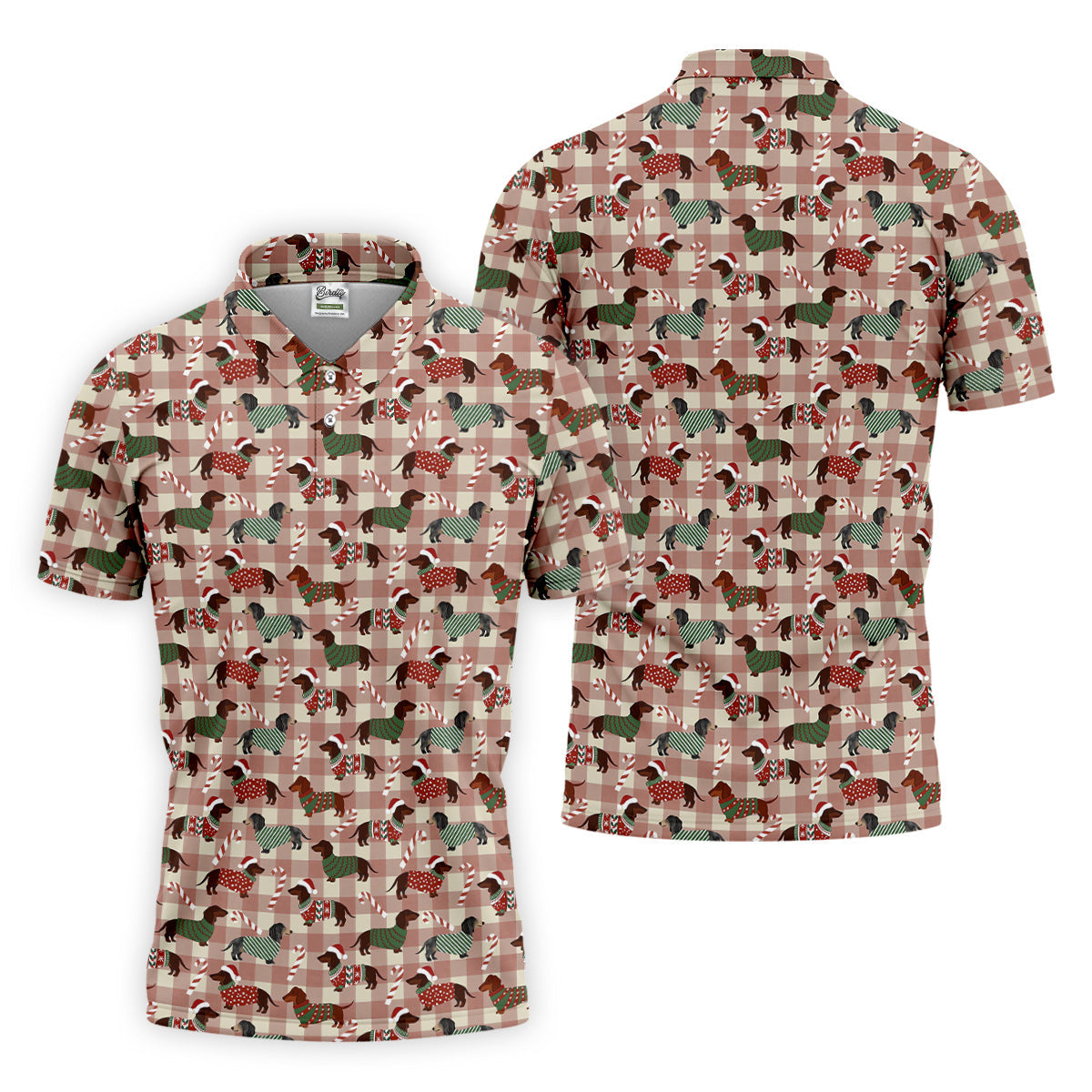 Christmas Dachshund Pink Checkered Golf Tops For Men, Christmas Golf Shirt, Polo Shirts For Men