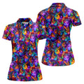 Psychedelic Cat Golf Shirt, Colorful Neon Cat Pattern, Polo Shirts For Women