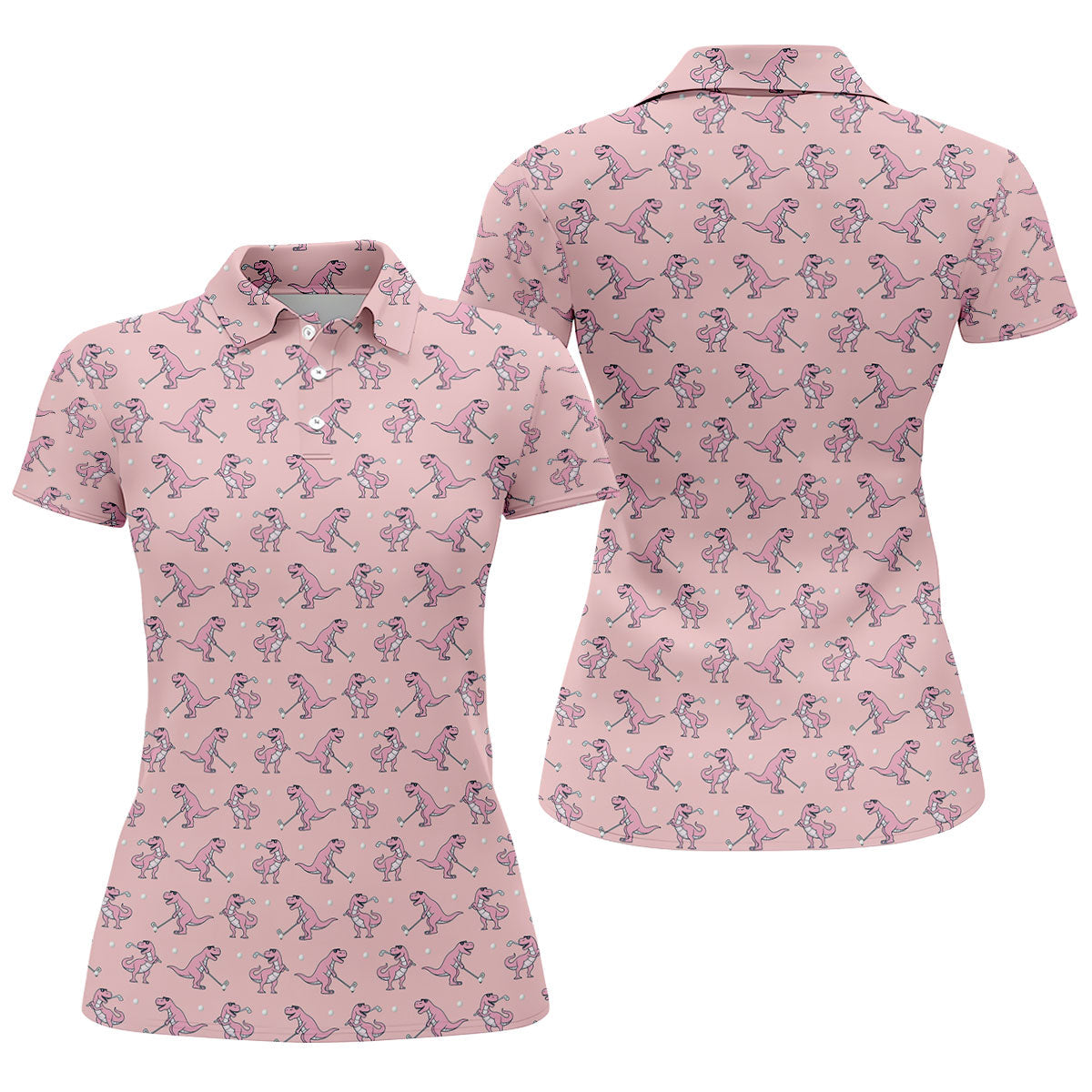 Pink T-Rex Dinosaur Golfer Pattern Golf Polo Shirt, Golf Tops For Women, Ladies Golf Top