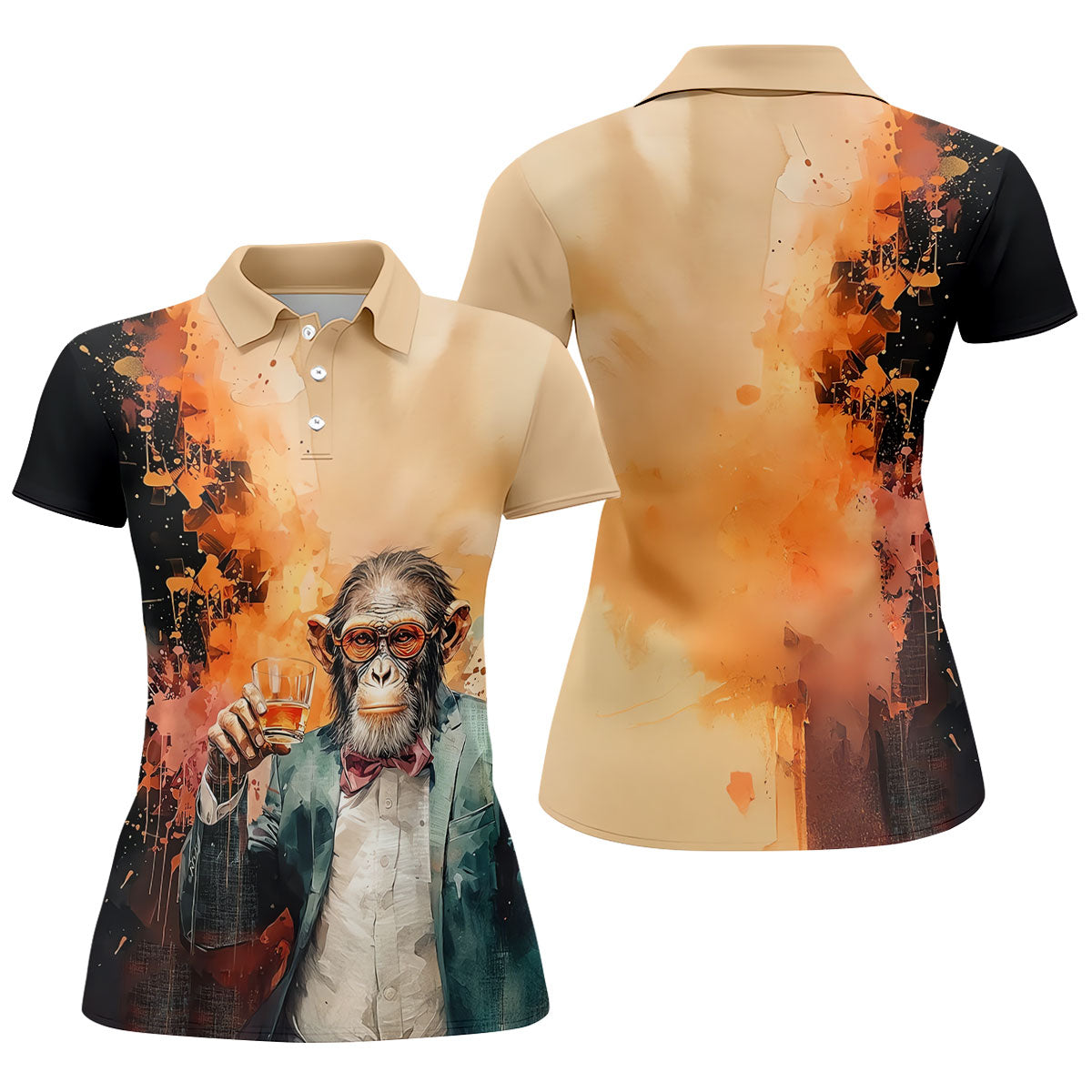 Gentleman Monkey Whiskey Golden Sunset Hawaiian Golf Polo, Golf Tops For Women, Golfing Apparel