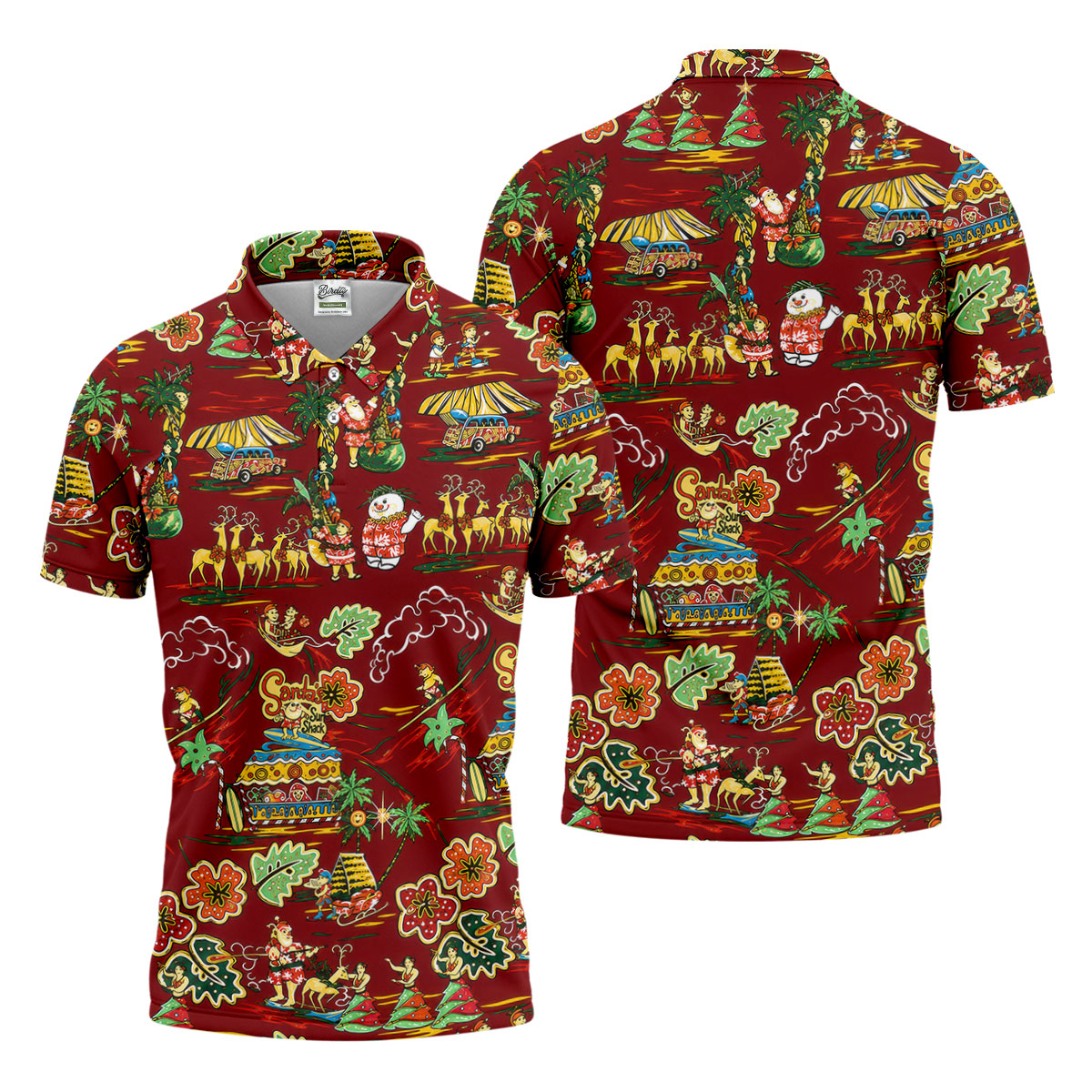 Men's Tropical Santa Surf Shack Golf Shirt, Christmas Golf Shirt, Golf Apparel For Men