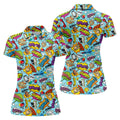 Comic Pattern Hawaiian Golf Shirt, Retro Style Women's Golf Tops, Ladies Golf Shirts