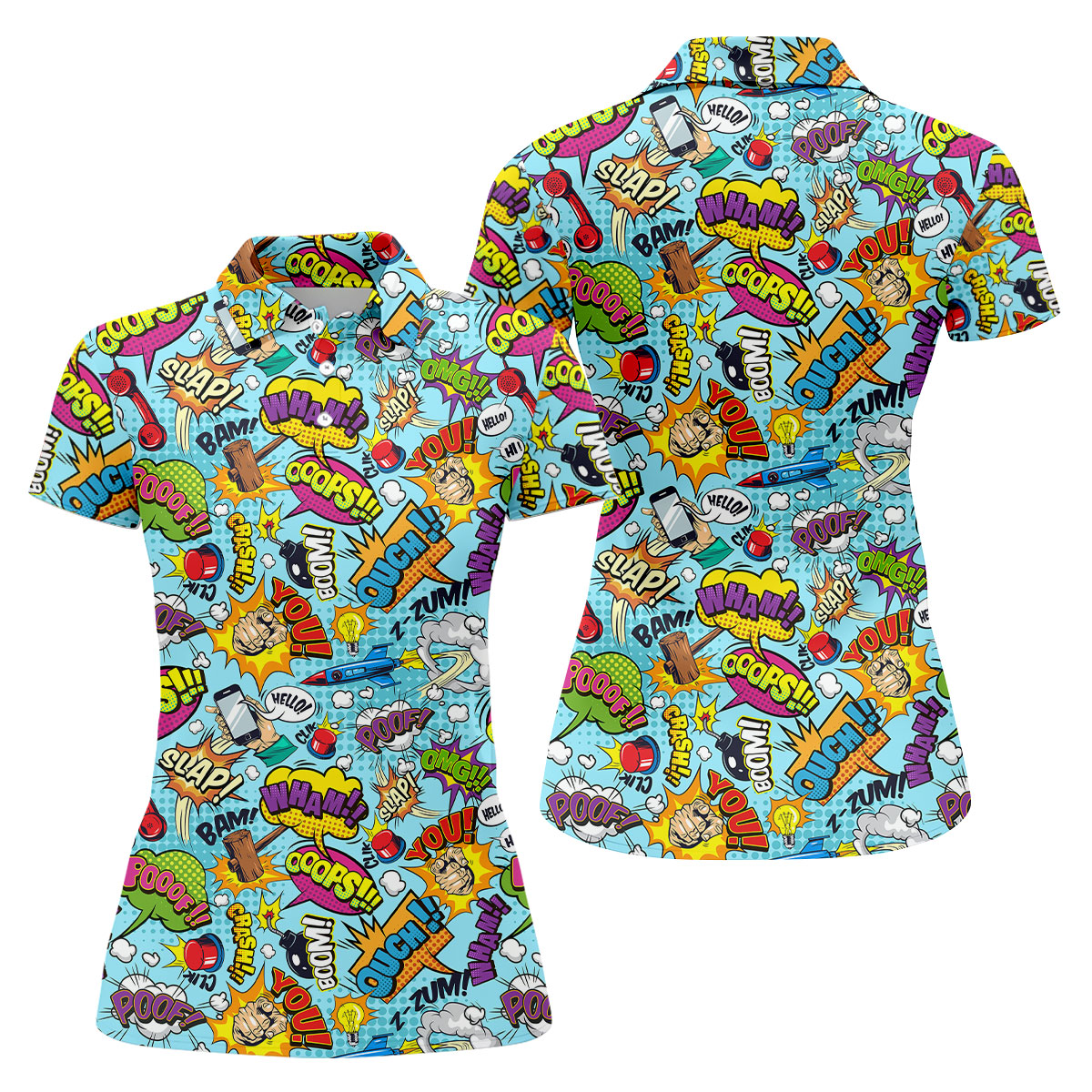 Comic Pattern Hawaiian Golf Shirt, Retro Style Women's Golf Tops, Ladies Golf Shirts