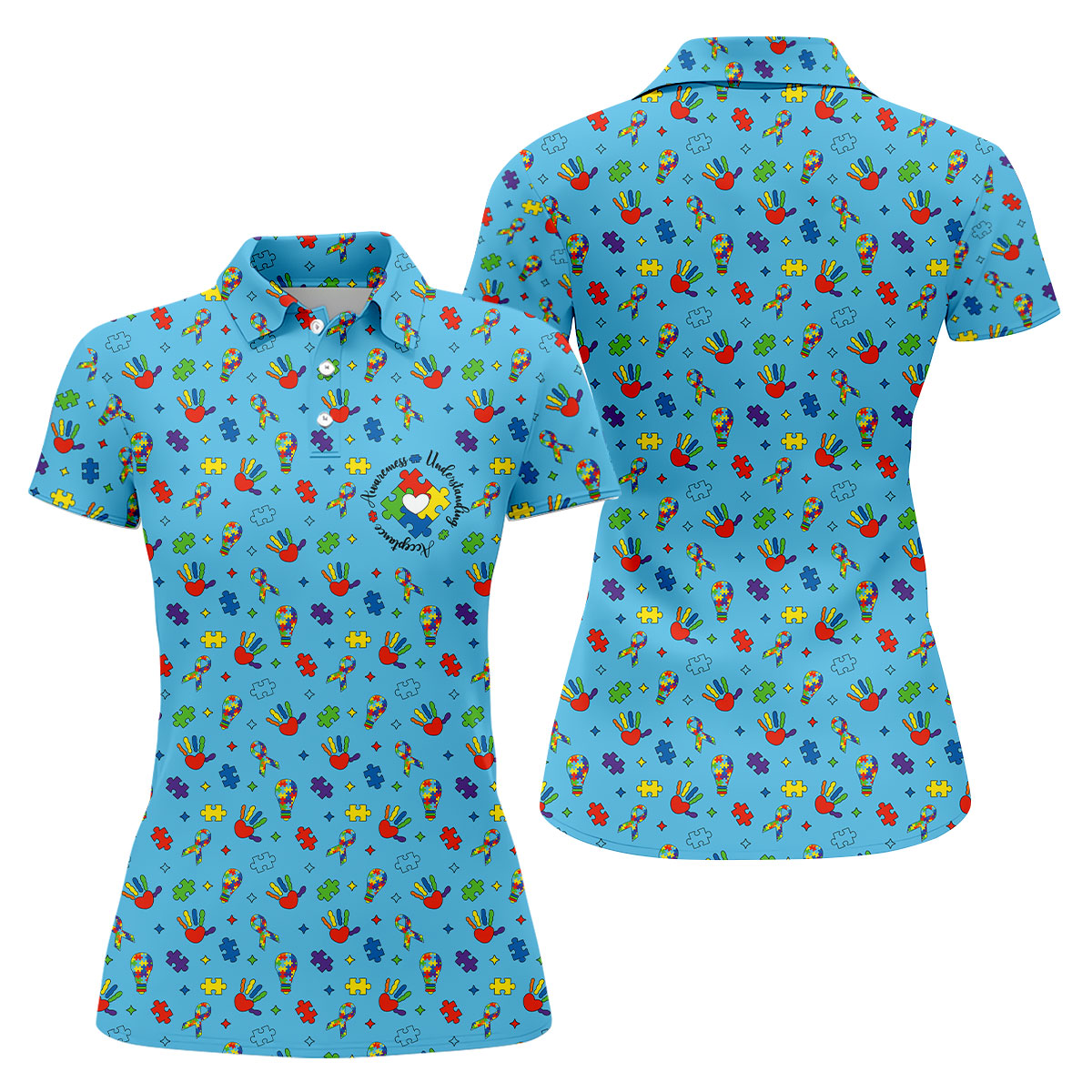 Awareness Understanding Acceptance Autism Ribbon Blue Golf Shirt, Autism Awareness Colors Women's Golf Tops