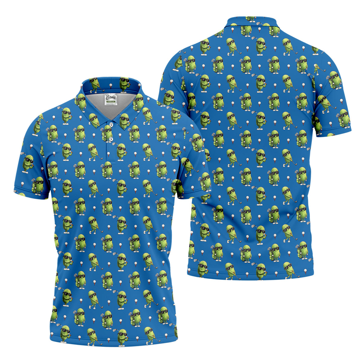 Cartoon Cactus Golfer Blue Golf Shirt, Mens Golf Polo, Golf Apparel For Men, Printed Golf Shirts