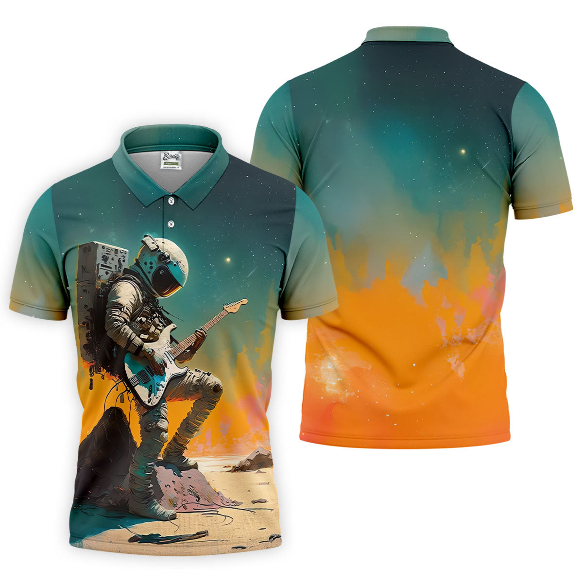 Astronaut Rock Guitar Teal Sunset Hawaiian Golf Polo, Golf Tops For Men, Golfing Apparel