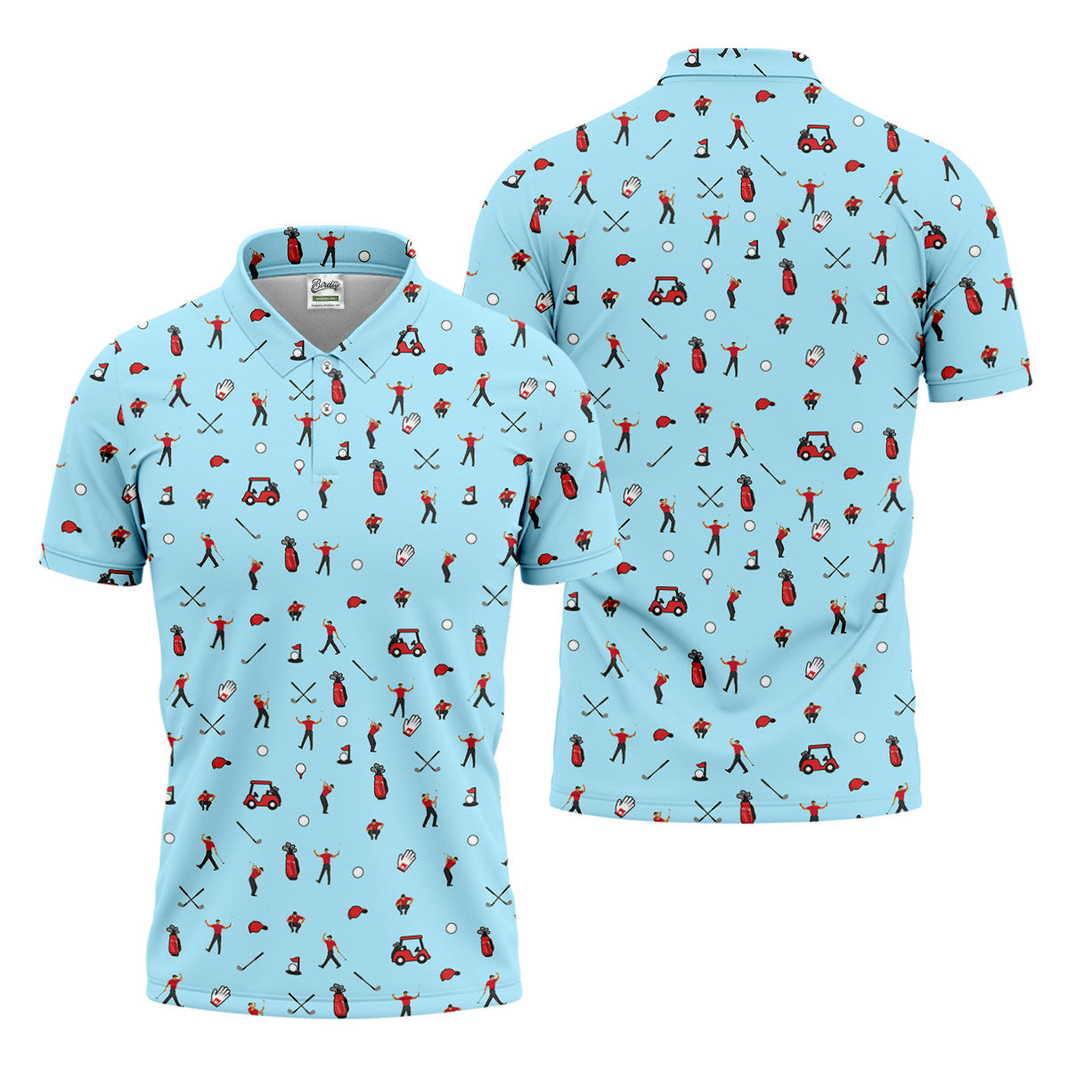 Blue Golf Player Pattern Polo Shirt, Golf Polo Shirts For Men, Printed Golf Shirts