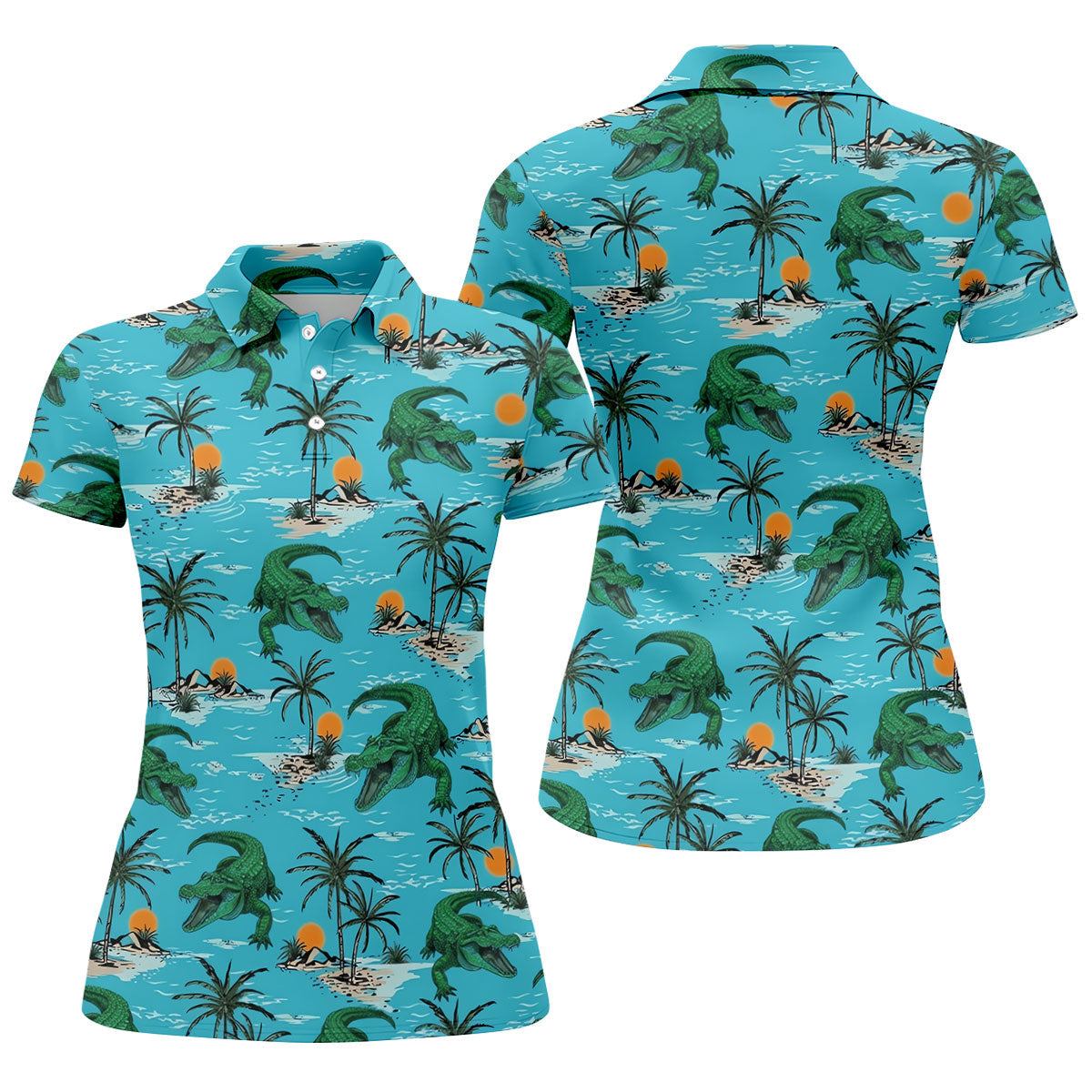 Tropical Alligators on Island Beaches Hawaiian Golf Polo, Golf Tops For Women, Golfing Apparel
