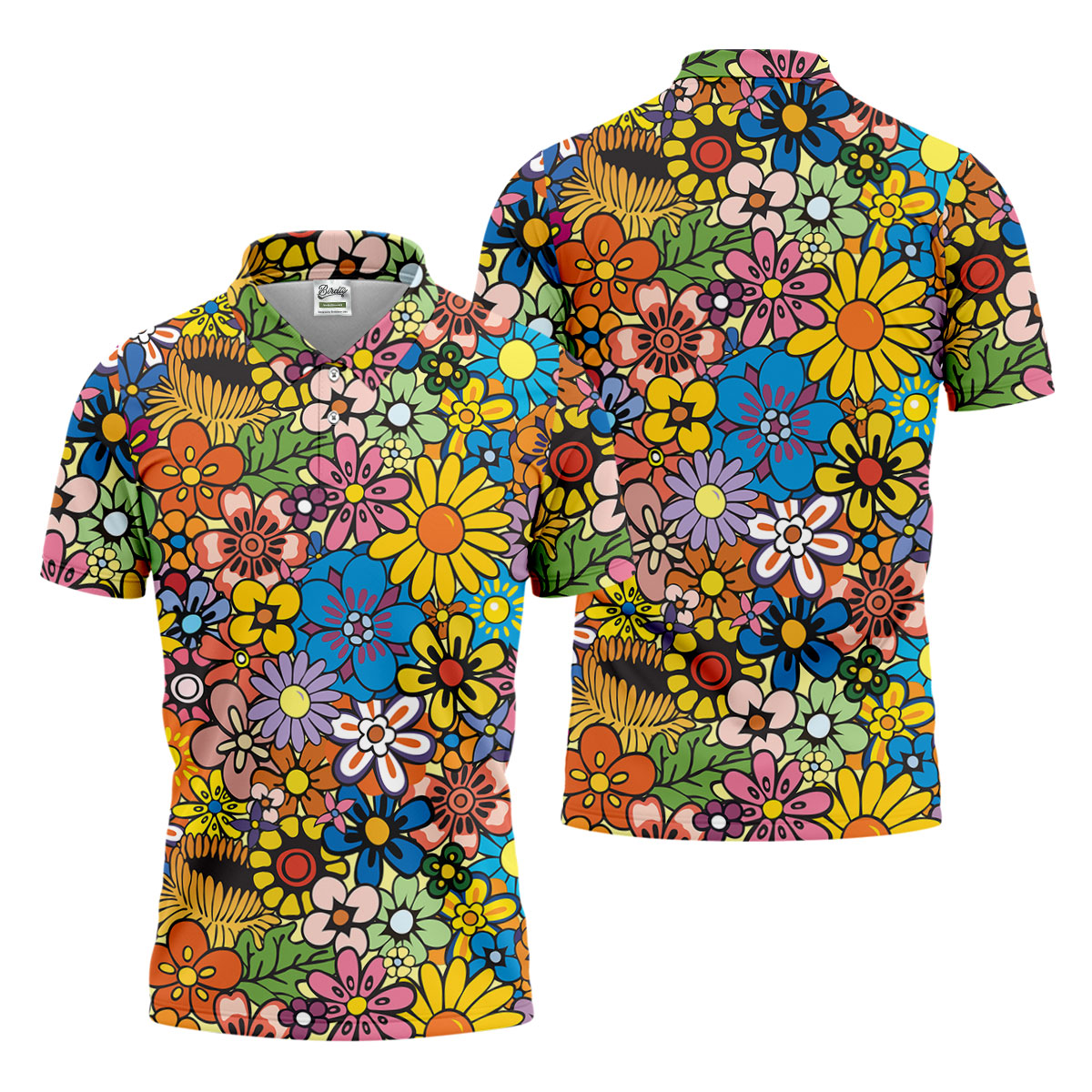 Multicolor Retro Flower Power Golf Shirt, Mens Golf Polo, Hawaiian Golf Shirt, Golf Apparel For Men