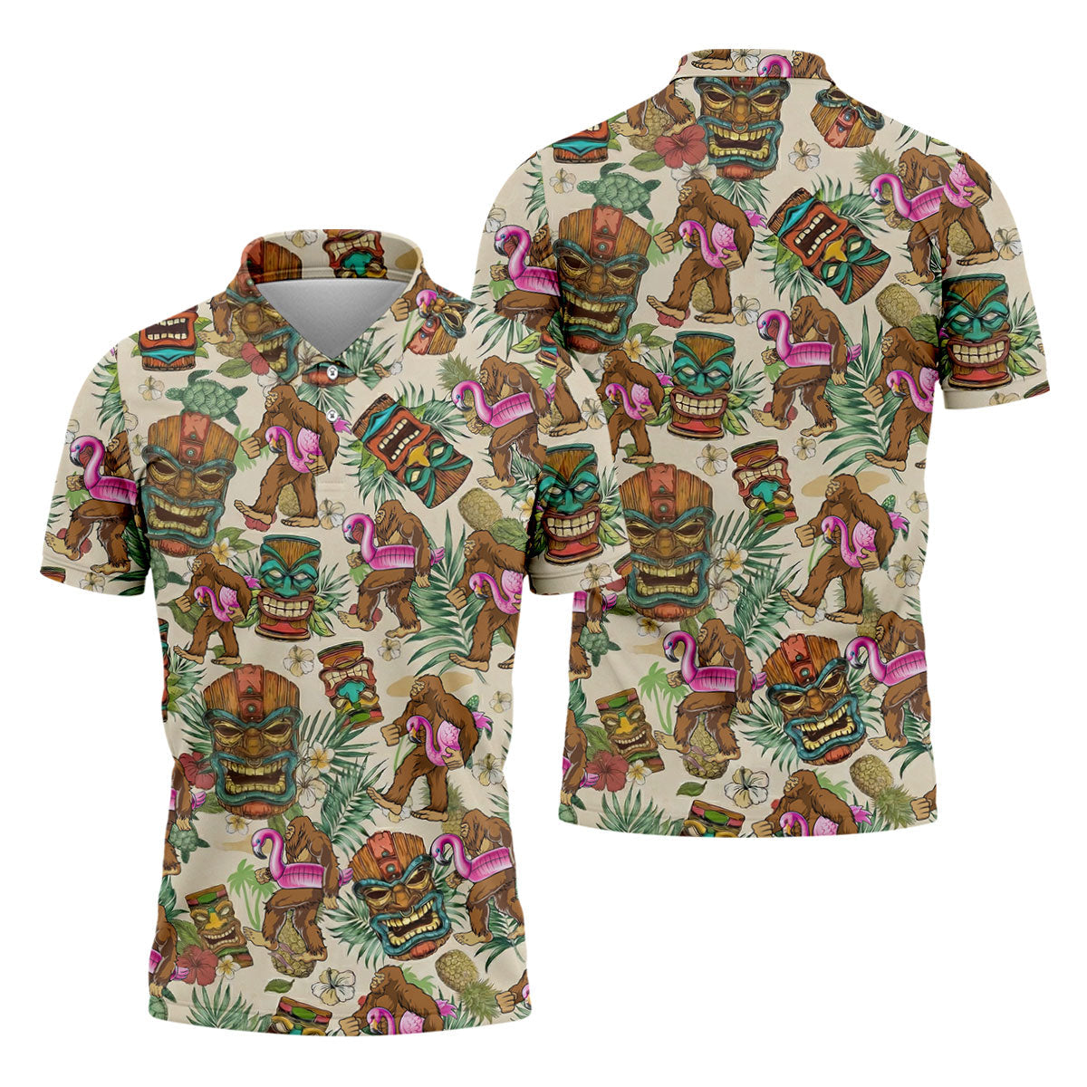 Tropical Bigfoot Adventure with Tiki Totems Design Hawaiian Golf Polo, Golf Tops For Men, Golfing Apparel