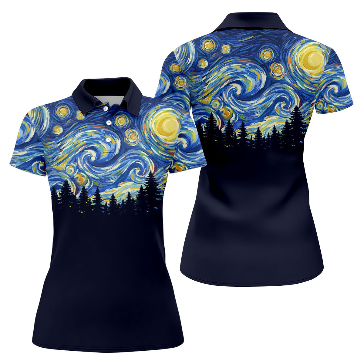 Van Gogh Inspired Starry Night Forest Hawaiian Golf Polo, Golf Tops For Women, Golfing Apparel