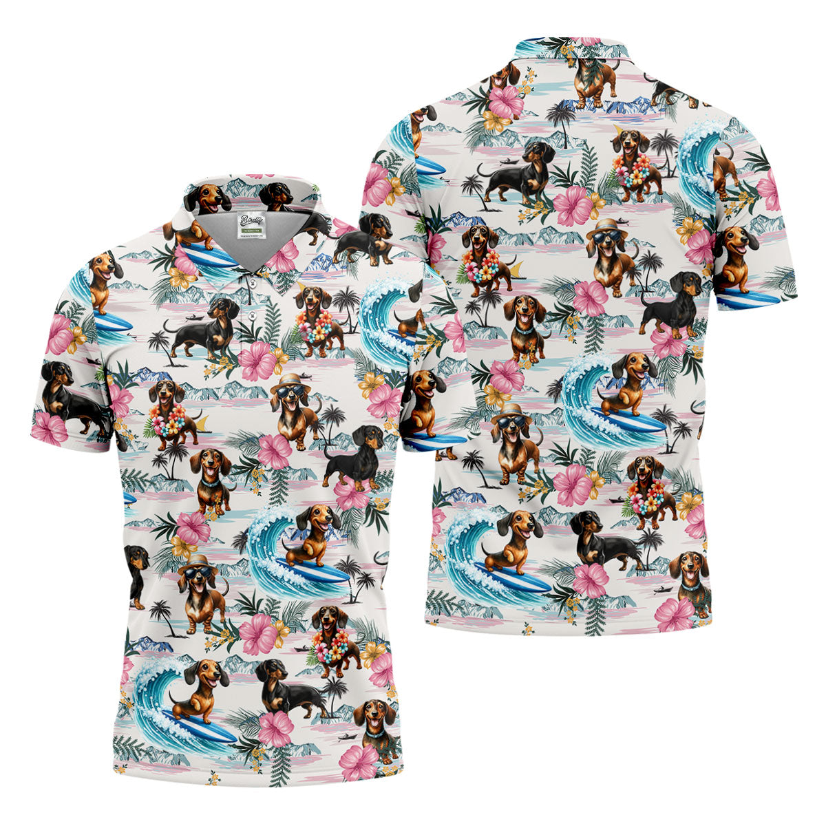Cartoon Dachshund Tropical Theme Hawaiian Golf Shirt, Men's Golf Shirt, Polo Shirts For Men