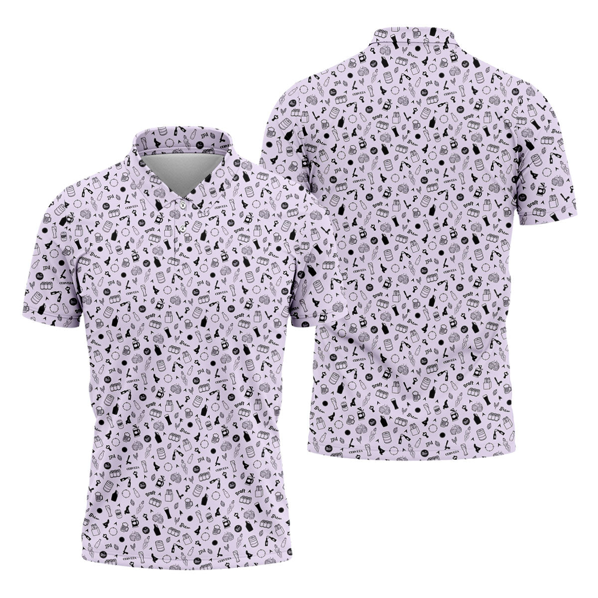 Light Purple Beer Brewing Icons Pattern Polo Shirt, Golf Apparel For Men, Printed Golf Shirts