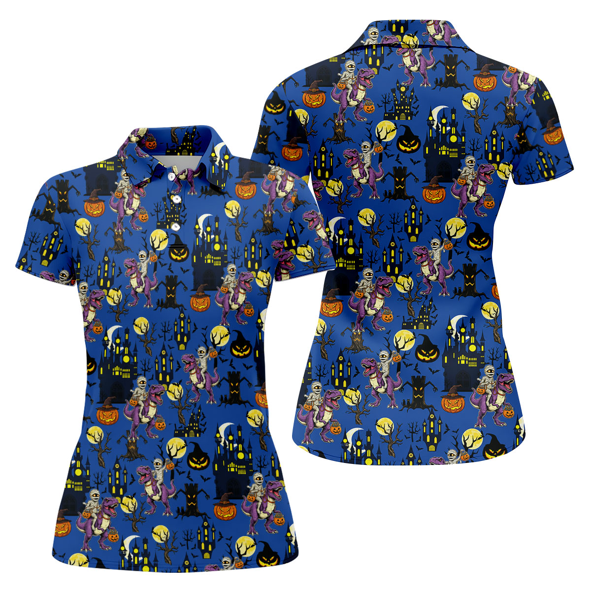 Dinosaur Mummy Pumpkin Halloween Polo Shirt, Golf Shirts For Women, Women’s Golf Apparel