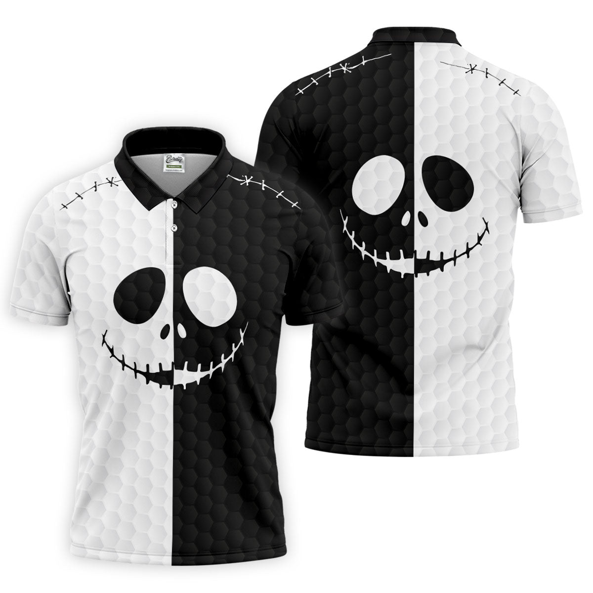 Black White Skull Face Halloween Golf Polo Shirt, Mens Golf Shirts, Golf Polo Shirts For Men