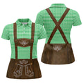 Women's Green Oktoberfest Lederhosen Illusion Sleeveless Golf Polo, Ladies Golf Top, Golf Polo For Women